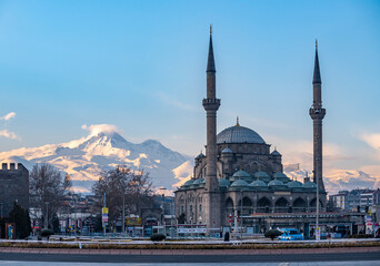 Fototapeta na wymiar View of the city center in Kayseri and snowy mount Erciyes