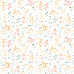 Rabbits Seamless pattern. Hand drawn doodle bunnies - vector illustration. Background for kids