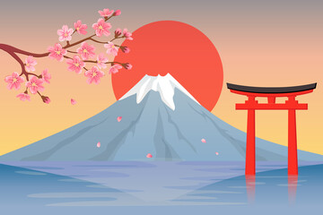 Mount Fuji, cherry blossoms, lake Kawaguchiko. Japan landscape - obrazy, fototapety, plakaty