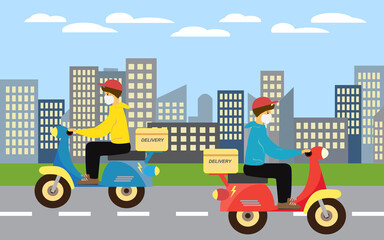 Delivery service E-commerce concept by scooter courier. Flat City panorama vector.