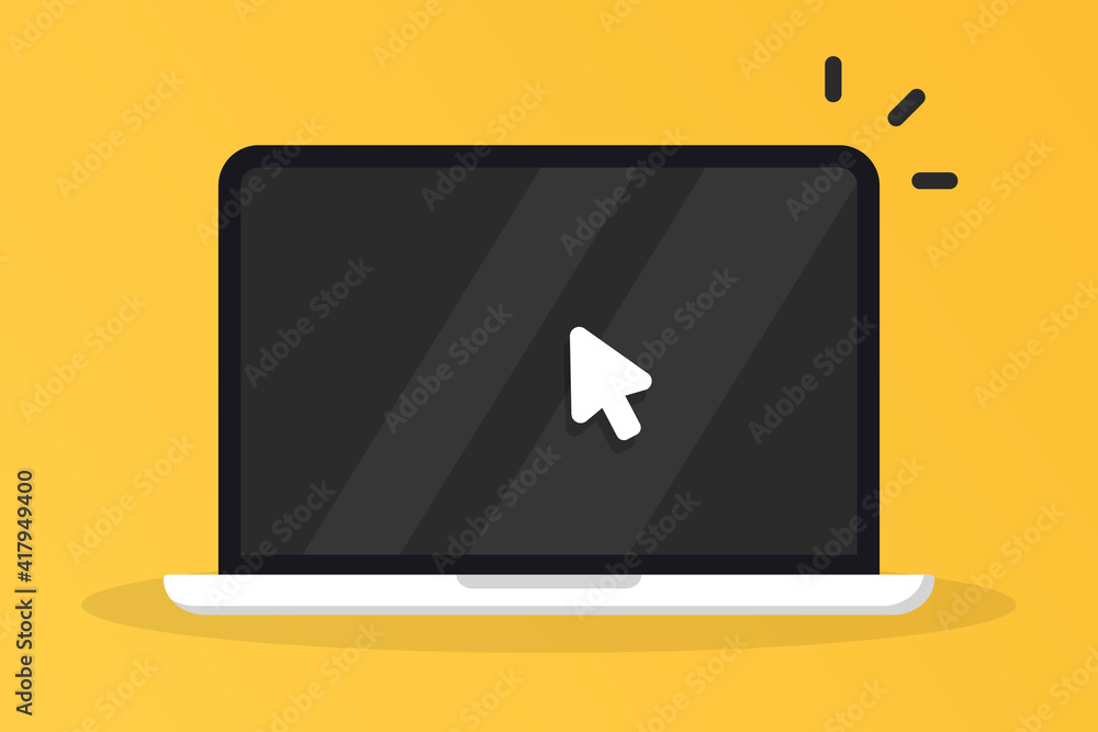 Fototapete Laptop computer icon. Display with pointer mouse arrow cursor clicking on computer screen. Notebook mock up front view. Online services, web design, e-commerce and marketing, laptop cursor.
