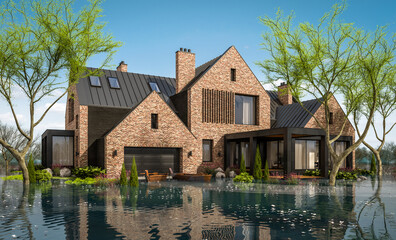 3d rendering of modern cozy house in spring water cataclysm. House is experiencing a devastating flood. General evacuation is underway