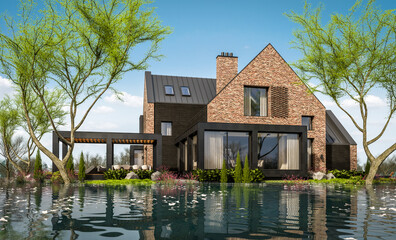 3d rendering of modern cozy house in spring water cataclysm. House is experiencing a devastating flood. General evacuation is underway