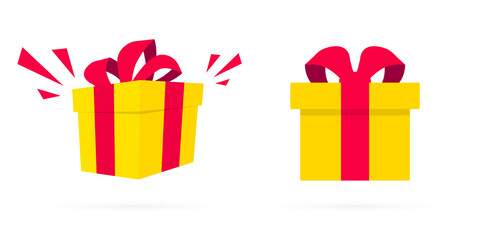 Surprise yellow gift boxes in flat design. Opened gift box with confetti. Present boxes. Surprise in the box. Template design for surprise, birthday celebration event, presents, birthday, Christmas