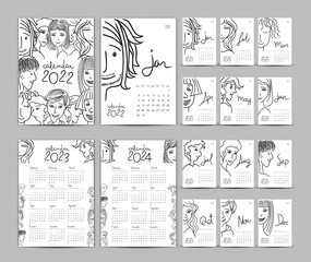 Desk calendar 2022 template set, Calendar 2023-2024, Lettering calendar, hand-drawn cartoon hipster people vector illustration Can be used for postcard, gift card, banner, poster and printable 