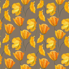 Fototapeta na wymiar Hand-drawn gouache floral seamless pattern with the yellow poppy flowers on brown background, Natural repeated print for textile, wallpaper.