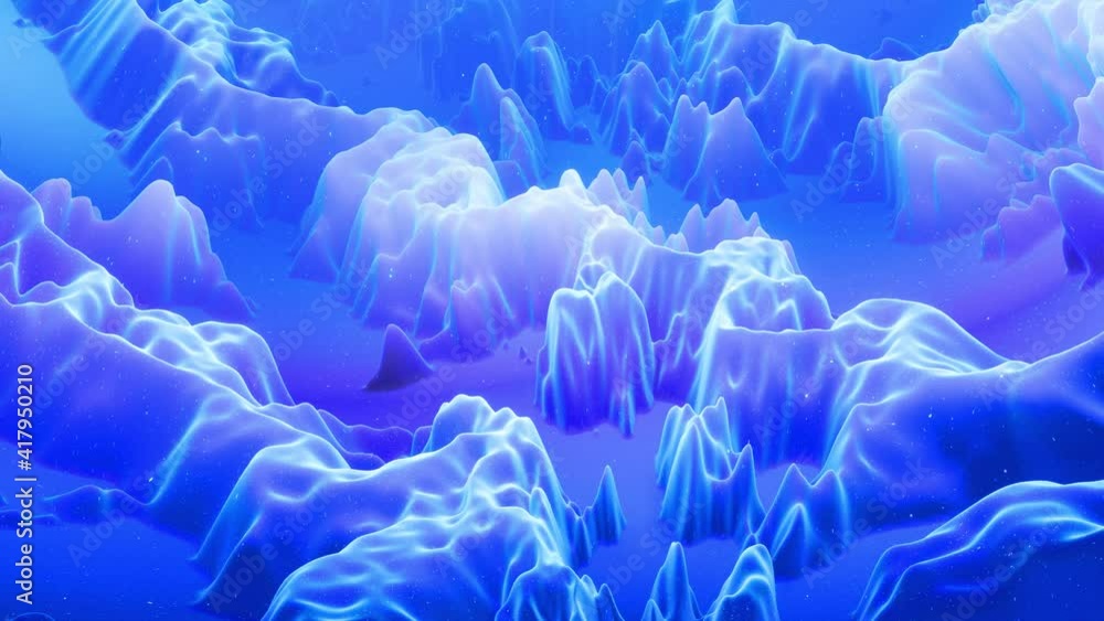 Poster beautiful abstract 3d surface with glitter sparkles, abstract 3d waves run on surface in loop. blue 