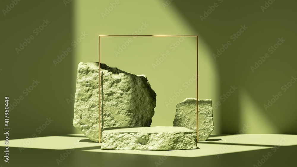 Poster 3d render, abstract green background with shadows and bright sunlight. minimal scene with cobbleston