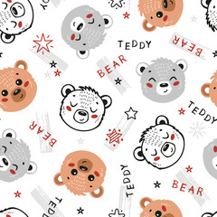 Cute Teddy Bears Seamless Pattern. Childish Background with Little Bear Heads. Vector Baby Animals Drawing for Tee Print for Kids