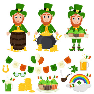 St. Patrick's Day vector icons set isolated on a white background. Flat style, cartoon style elements: shamrock, leprechaun with gold, with cakes, rainbow, beer, pipe, coins, horseshoe.