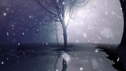 Snowing in foggy trees reflected in water