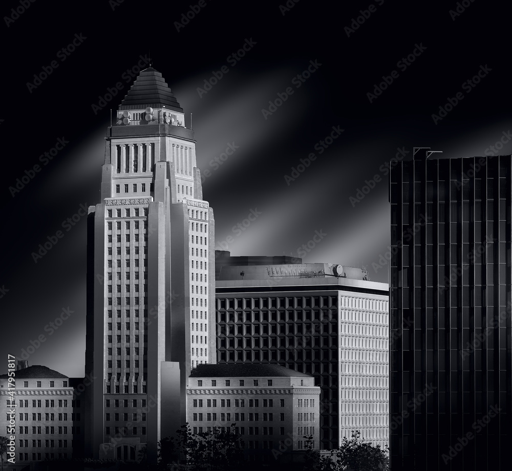 Wall mural black and white photography, fine art style. city of los angeles, california, usa, city hall and mod