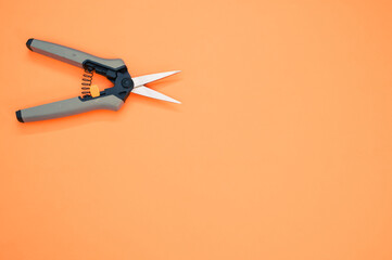 Closeup shot of gardening pruning shears on an orange surface - copy space