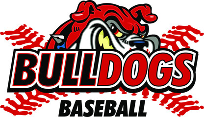 Obraz na płótnie Canvas bulldogs baseball team design with half mascot and stitches for school, college or league