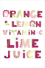 Citrus signs hand drawn set. Latin althabet. Floral boho style. Pink color palette.