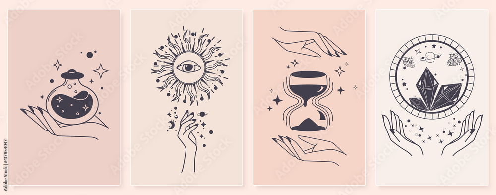 Wall mural set of alchemy esoteric mystical magic with woman hands. esoteric linear prints with astrological sy