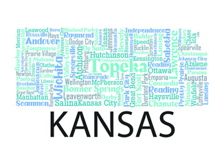 Word cloud map design includes all Counties, Cities, Municipalities in the state of Kansas. It's an editable vector file.