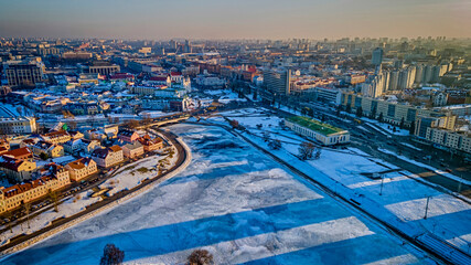 Aerial panorama of historical center of Minsk with modern and old buildings. Travel concept. Birds...