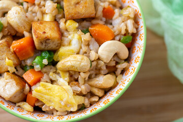 Close Up Top View of  Bowl of Tofu Cashew Fried Rice