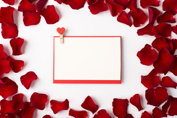 Photo overhead of roses empty blank space paper and petals isolated on the white background