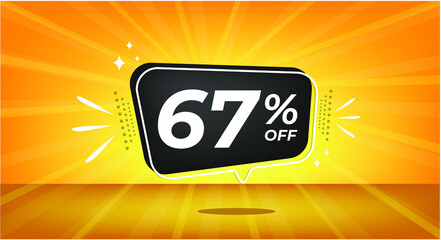 67% off. Yellow banner with sixty-seven percent discount on a black balloon for mega big sales.