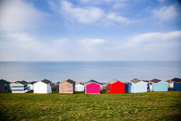 Fototapeta na wymiar row of beach huts in Tankerton near Whitstable in Kent - British summer