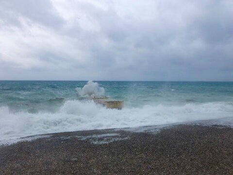 Waves crashing on a rusty pontoon, Nice, Alpes-Maritimes, France