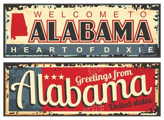 Greetings from Alabama USA retro sign plate on old rusty metal. Vintage Alabama travel and tourism grunge vector souvenir banners. Welcome sign with state map.