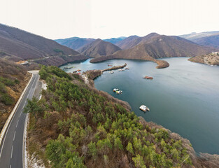 Aerial panorama of Vacha Reservoir, Bulgaria
