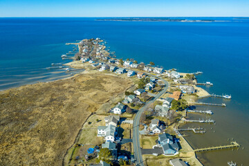 Aerial view of Kent Narrows peninsula inlet on Chesapeake in Grasonville Maryland, beach houses...