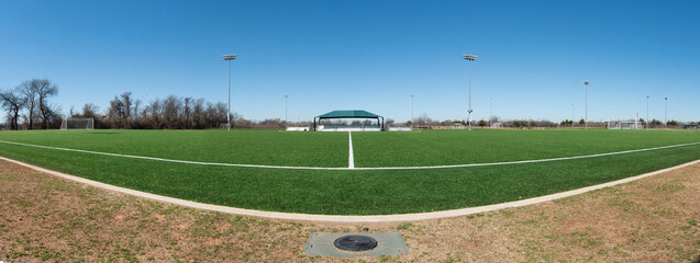 Obraz premium Panorama of a soccer pitch from a low perspective