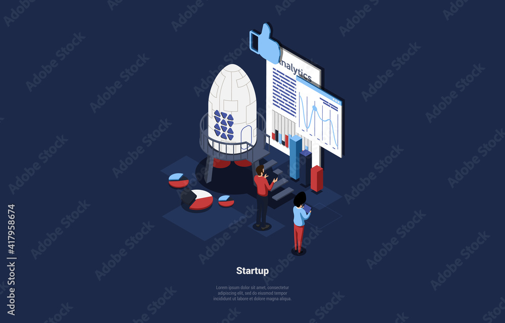 Aufkleber isometric illustration on dark background. cartoon style 3d composition with characters and objects.