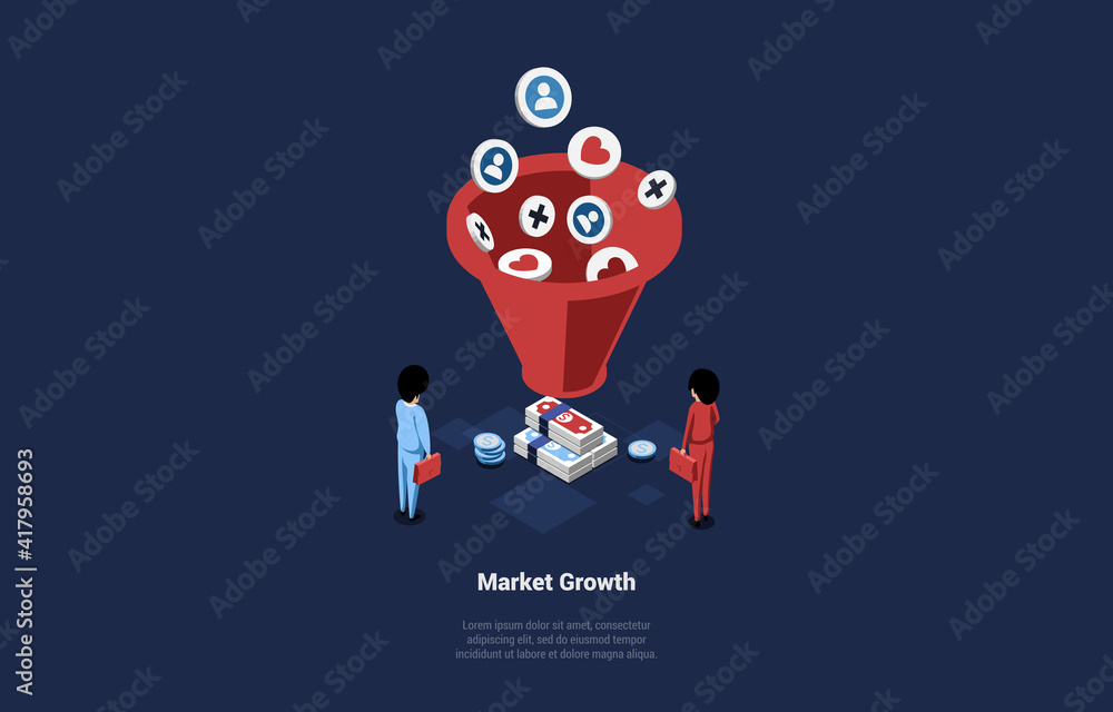 Aufkleber isometric illustration on dark background. cartoon style 3d composition with characters and objects.