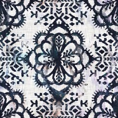 Seamless grungy tribal ethnic rug motif pattern. High quality illustration. Distressed old looking native style design in high contrast navy and white colors. Old artisan textile seamless pattern.