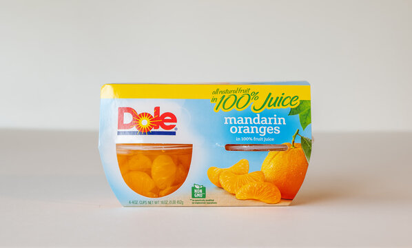 BEMIDJI, MN - 17 NOV 2020: Package of Dole mandarin oranges in 100 percent juice.