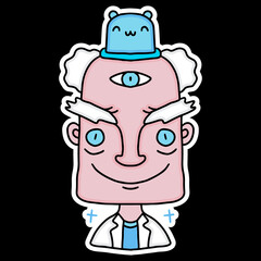 professor and little cat alien design cartoon. illustration for poster, logo, sticker, or apparel merchandise.