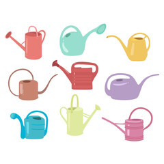 Nine garden watering cans in different colors vector illustration on the white background