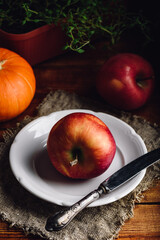Red Apple on White Plate with Vintage Knife