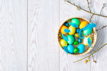 colorful chicken and quail easter eggs in basket with willow branches, spring, easter concept, banner