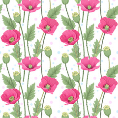 Beautiful pink poppy flowers seamless pattern on white color background.