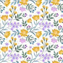 Fototapeta na wymiar Blooming yellow flowers and small purple flowers seamless pattern on white color background.