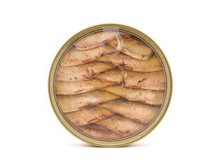 Canned sprats in tin can isolated on white