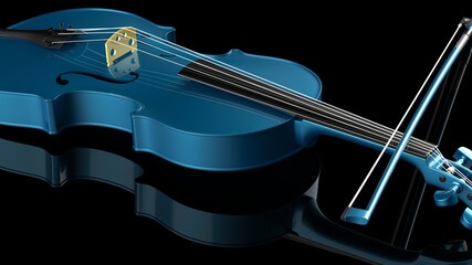 Sky Blue classic violin on black plate under spot lighting background. 3D sketch design and illustration. 3D high quality rendering.