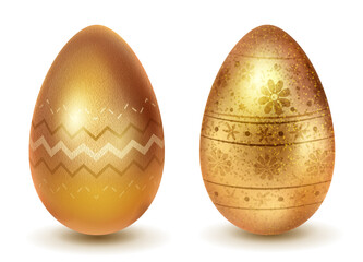 Two realistic Easter eggs with different surface texture, patterns and holiday symbols in golden colors. With shadows on white background