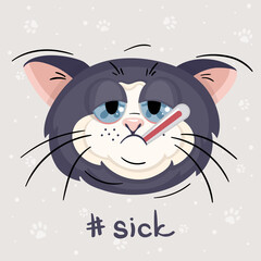 Cute ugly gray cat with 
evil look on a pastel colors background with dots and paws. Cartoon character in vector illustration. Inscription Angry handwritten