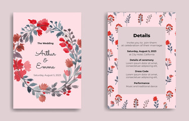 Pink watercolor rose flower wedding invitation premium editable vector