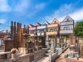Aligned identical houses overlooking Japanese buddhist gravestones of the Seiunzenji zen temple cemetery with commemorative stone pagodas and wooden sotoba grave tables.