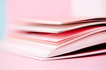 Close up book pages on pastel pink blurred background