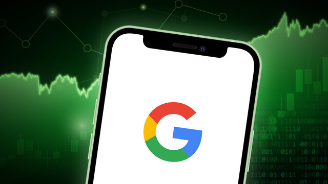 Google stock market vector illustration, with iPhone splash screen. Bullish green.