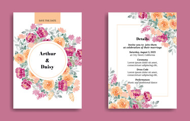 yellow and fuchsia watercolor flower wedding invitation cards set design in premium editable vector
